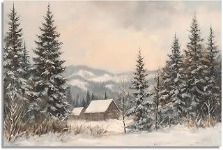 Rustic Christmas Pine Tree Forest Canvas Wall Art, Farmhouse Winter Village Landscape Painting Poster, Neutral Christmas Snowy Holiday Wall Decor for Living Room Bedroom 12x16in Unframed