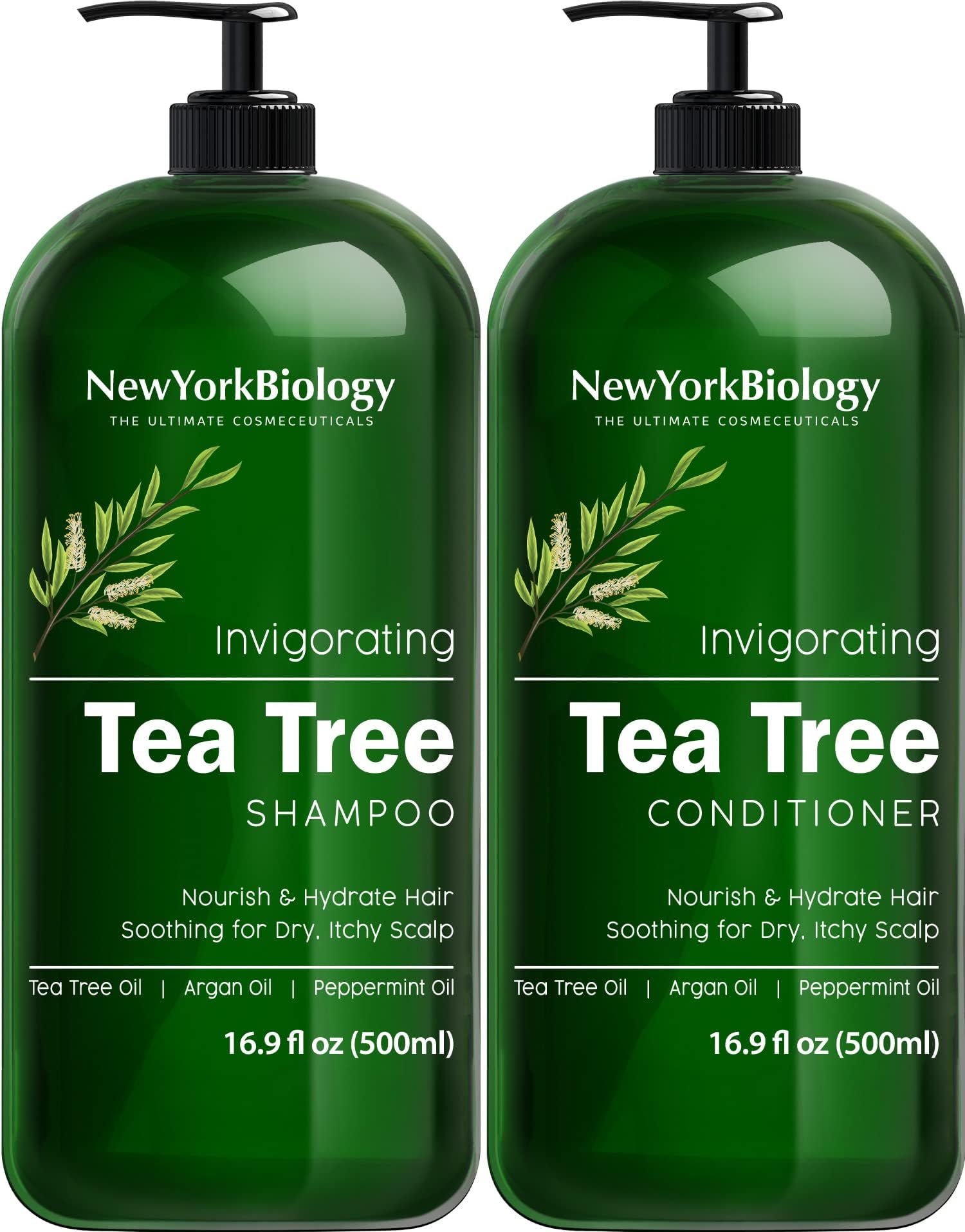 NEW YORK BIOLOGY THE ULTIMATE COSMECEUTICALS Tea Tree Shampoo and Conditioner Set – Deep Cleanser – Relief for Dandruff and Dry Itchy Scalp – Therapeutic Grade - Helps Promote Hair Growth – 16.9 fl Oz