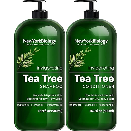 New York Biology Tea Tree Shampoo and Conditioner Set – Deep Cleanser – Relief for Dandruff and Dry Itchy Scalp – Therapeutic Grade - Helps Promote Hair Growth – 16.9 fl Oz