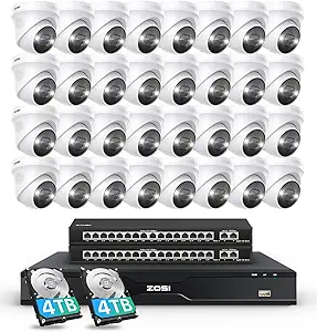 ZOSI 32 Channel 4K PoE Security Camera System, 32 x 4K Spotlight Outdoor Indoor Cameras, Face Person Vehicle Detection, 2 Way Audio, 32CH 8MP Surveillance NVR with 8TB HDD for Business 24/7 Recording asin的图片