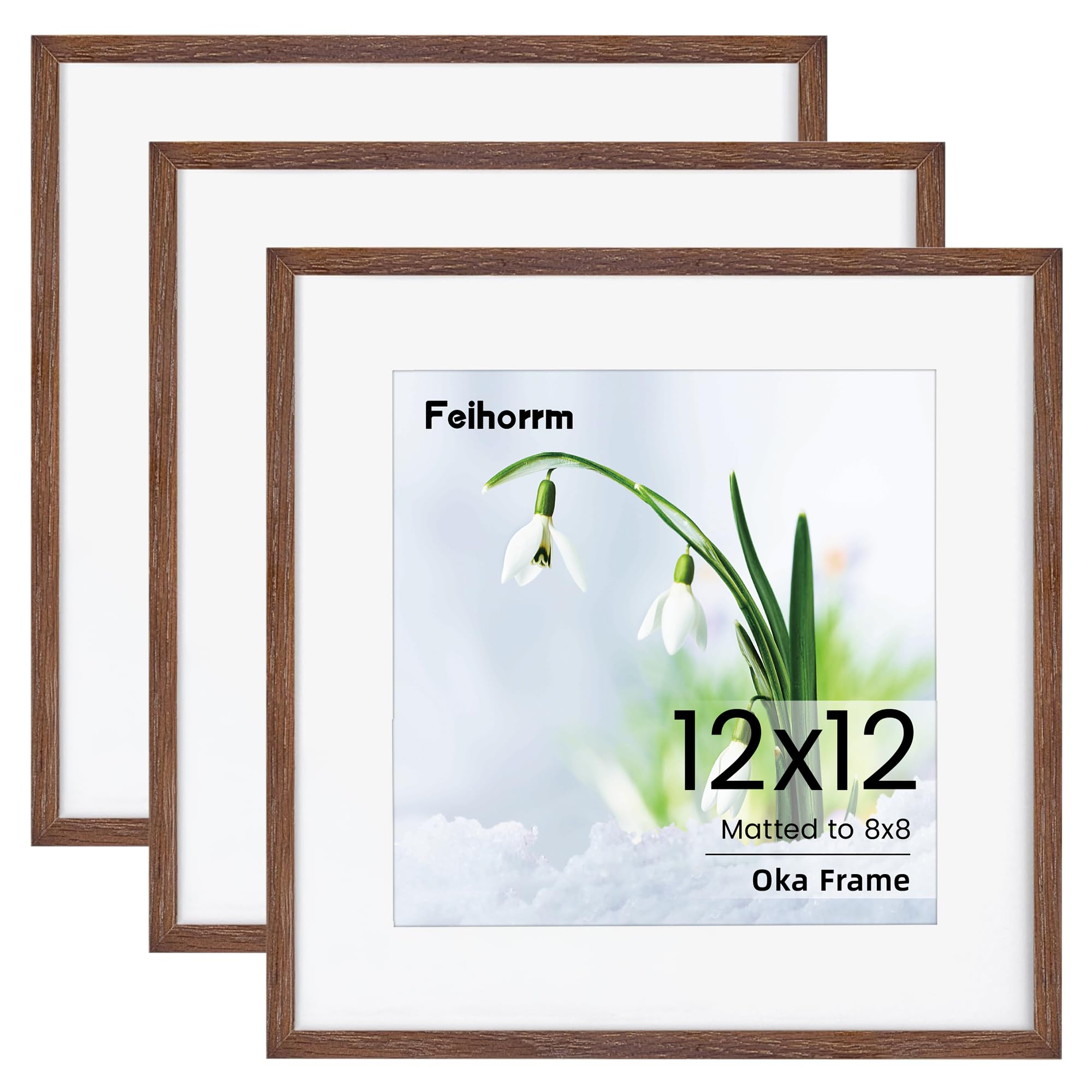 Photo Frame 12×12, Oak Wood 12×12 inch Square Frame, 3 Pack 12×12 Picture Frame with Mount for 8x8 Photo Frames