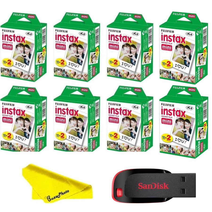 Papel fotográfico instantáneo Fujifilm Instax Mini (160 hojas, 8 paquetes gemelos) + memoria USB SanDisk de 32 GB + paño de microfibra Buzz-Photo miniatura 1