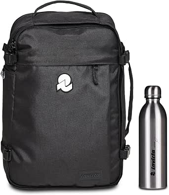 Invicta Zaino Scuola - Jelek Plain - Nero, Doppio Scomparto, Tasca Porta Pc Tasca Porta Borraccia Organizer Interno - Zaino Scuola e Tempo Libero - Eco Material + Borraccia Termica in Acciaio Inox