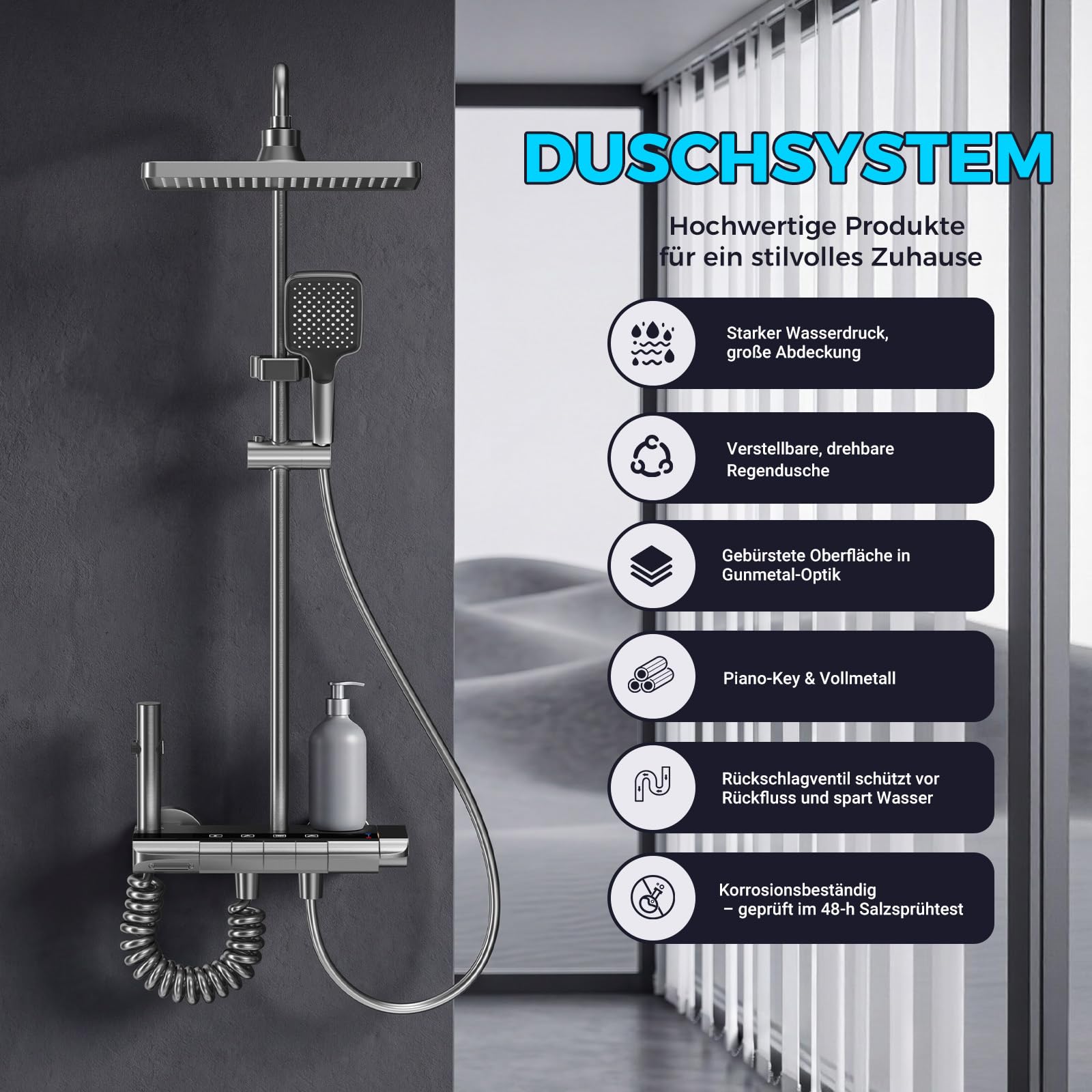 Duscharmatur Komplettset Klavierknöpfe 4 Arten von Wasserauslässen | Höhenverstellbare Duschstange 85-145cm Eckiger Kopfbrause Duschsystem Badezimmer Duschgarnitur Regendusche mit Armatur