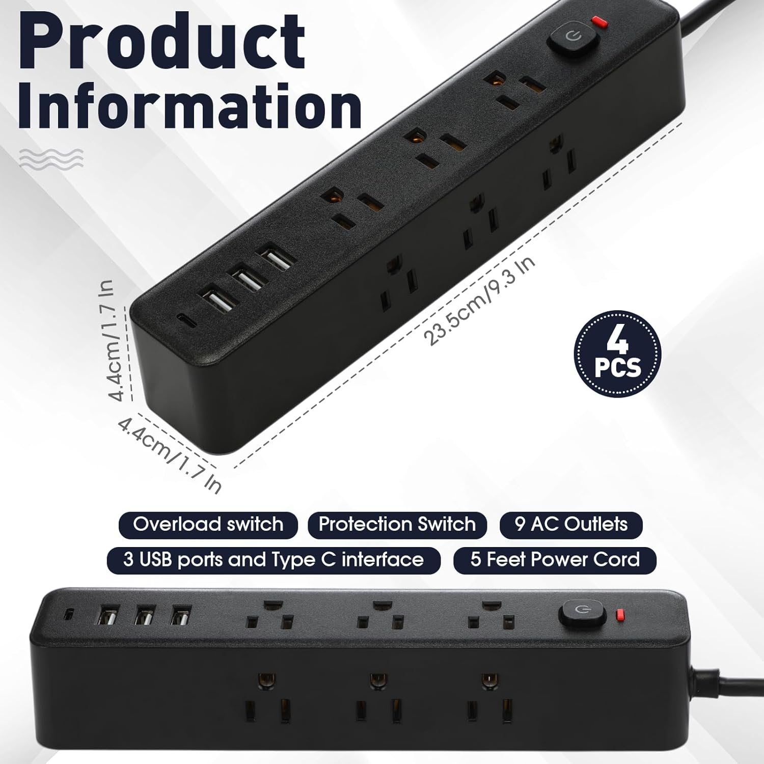 4 Pcs 3-Sided Power Strip Surge Protector with 9 Widely AC Outlets 3 USB Ports 1 Type C Port 5 Ft Extension Cord Flat Plug Wall Mount Overload Protection Desk Charging for Home Office(Black)