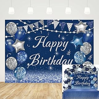 Cenven YY Navy Blue Happy Birthday Backdrop Silver Glitter Balloons Star Flag Sequins Background Adult Men Women Party Decoration Cake Table Photo Booth (8x6FT(Width 240cm x Height 180cm), Blue)