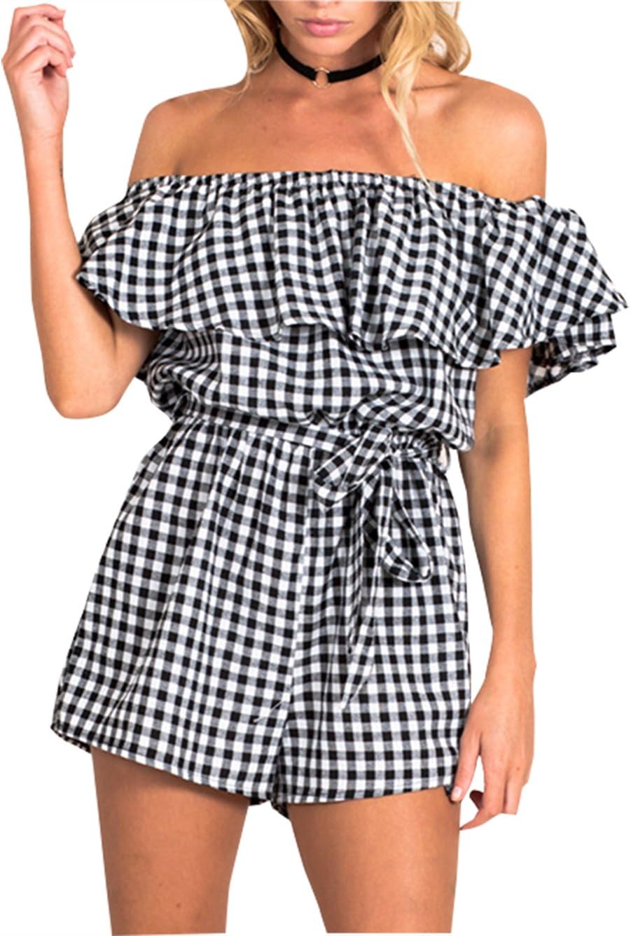 Women Off Shoulder Plaid Lotus leaf One Piece Short Jumpsuit Romper (US 6 (M), Black and White)