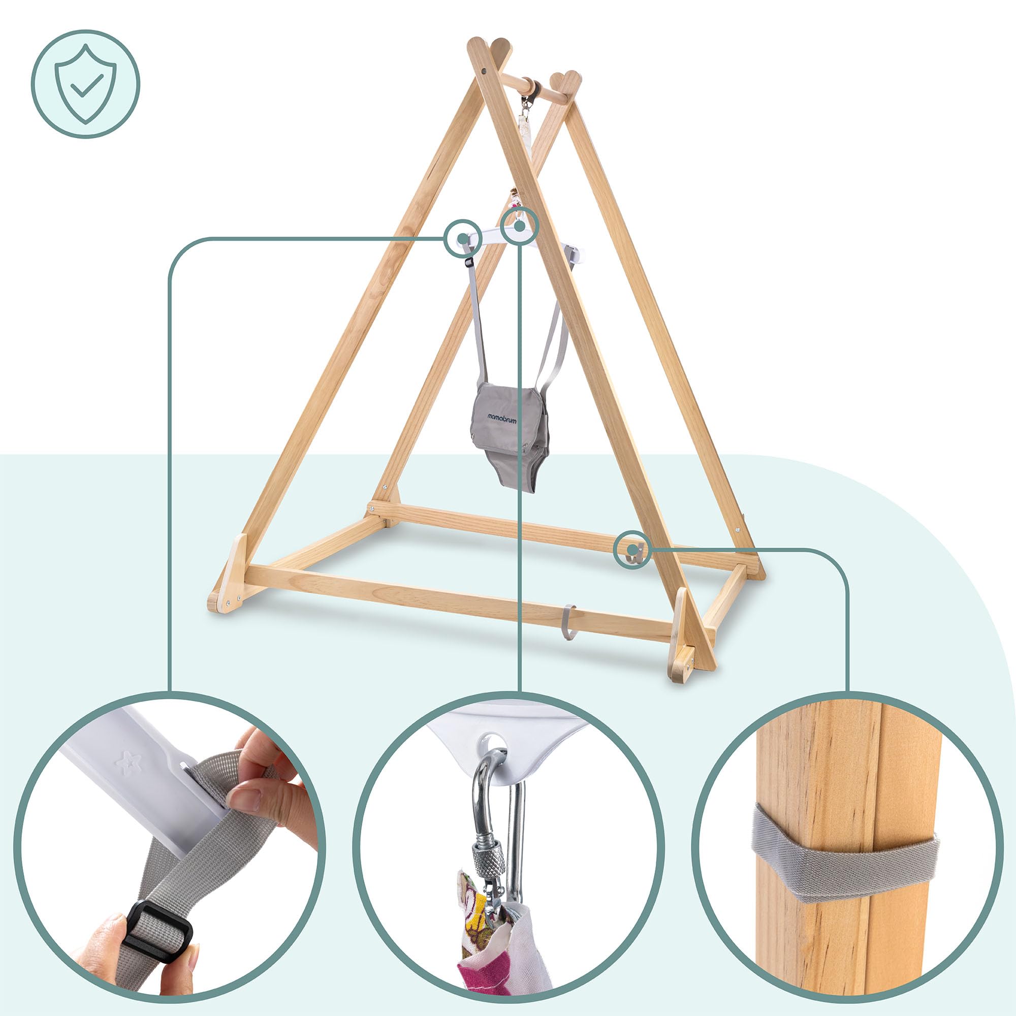 Mamabrum Sauteur Bébé en Bois avec Siège Réglable et Structure Pliable, Cadre en Bois, Double Fermeture de Sécurité, Gris, pour Enfants de 6 à 30 Mois