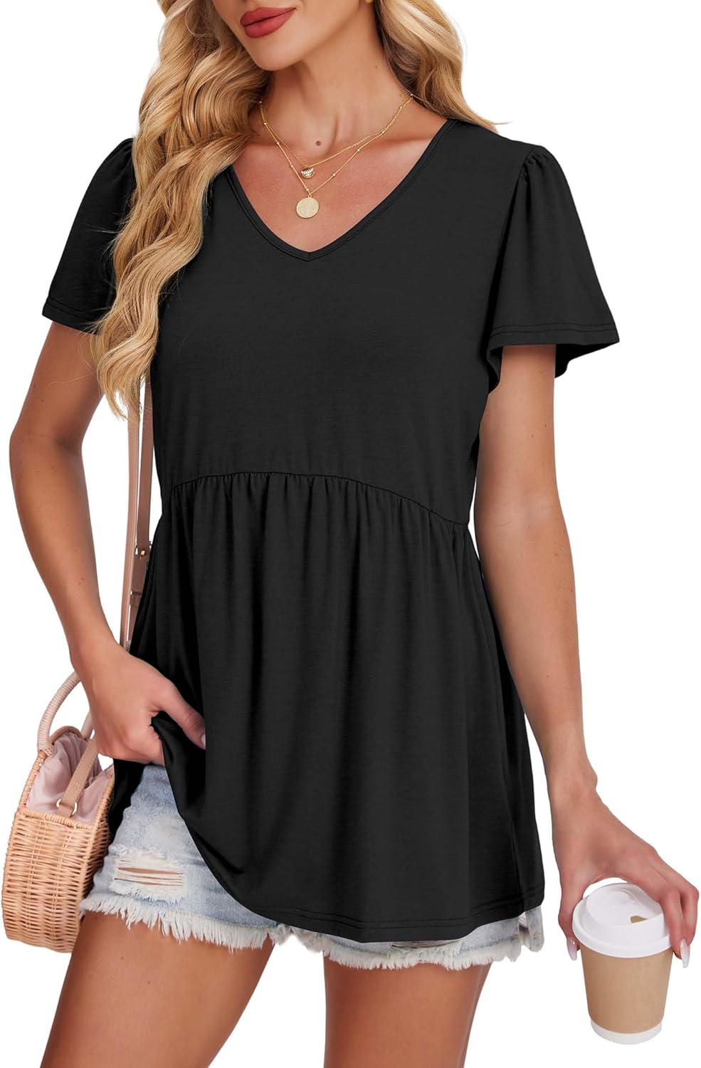Aokosor T Shirts for Women V Neck Summer Tops Ladies Babydoll Blouses Puff Sleeve Peplum Tee