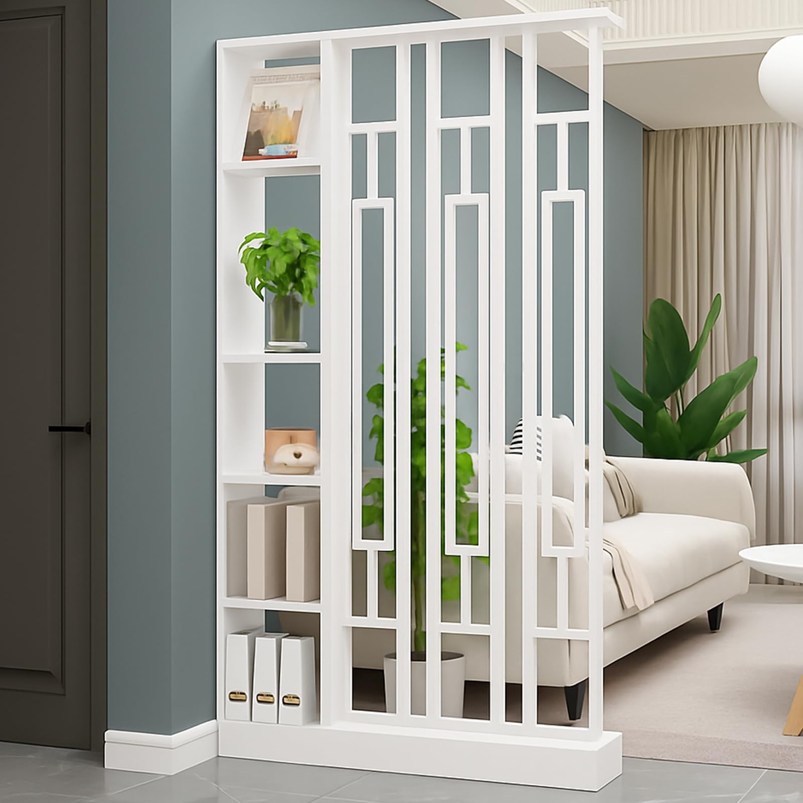 Raumteiler mit Regalen, Trennwand für den Eingangsbereich, Säule vom Boden bis zur Decke – freistehender Raumteiler mit Ablagefach, freistehende Dekoration für Schlafzimmer (C White + White, 120cm)