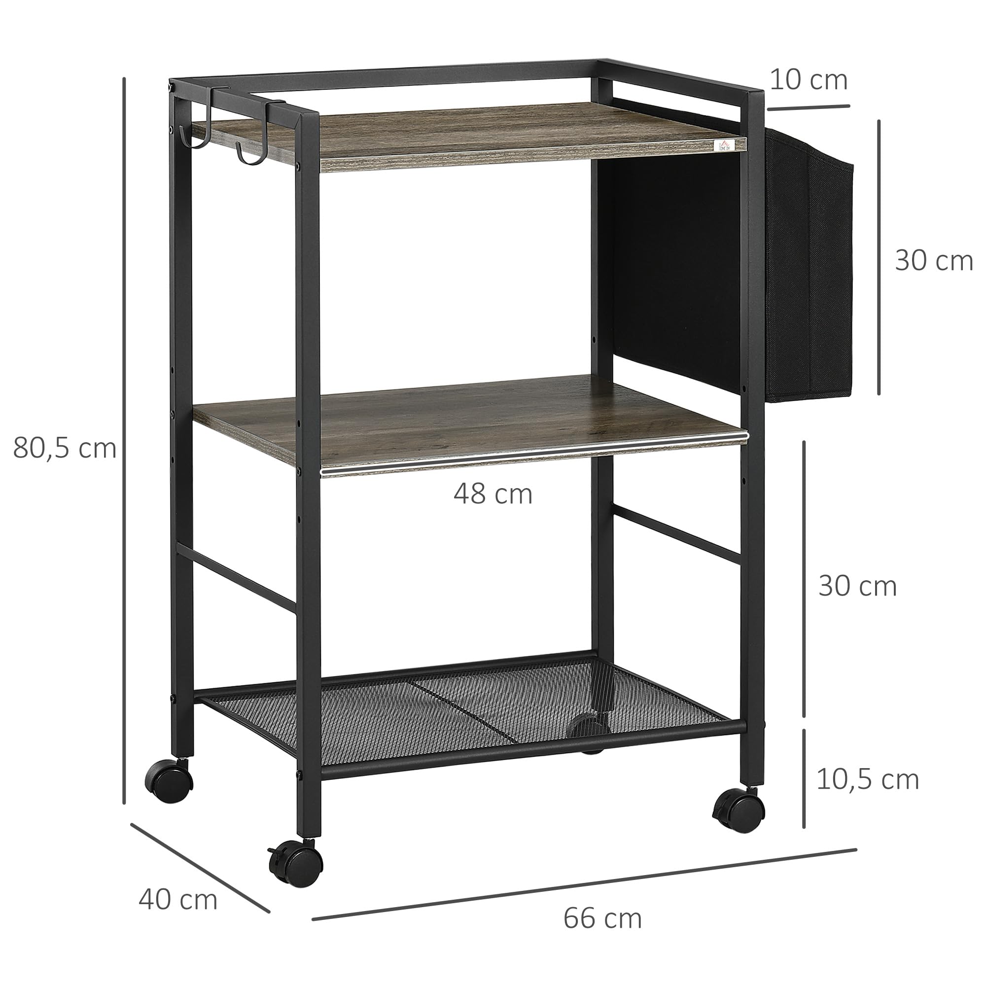 HOMCOM Chariot util. 3 niv. avec Roues et 2 Crochets 66x40x80,5 cm Gris