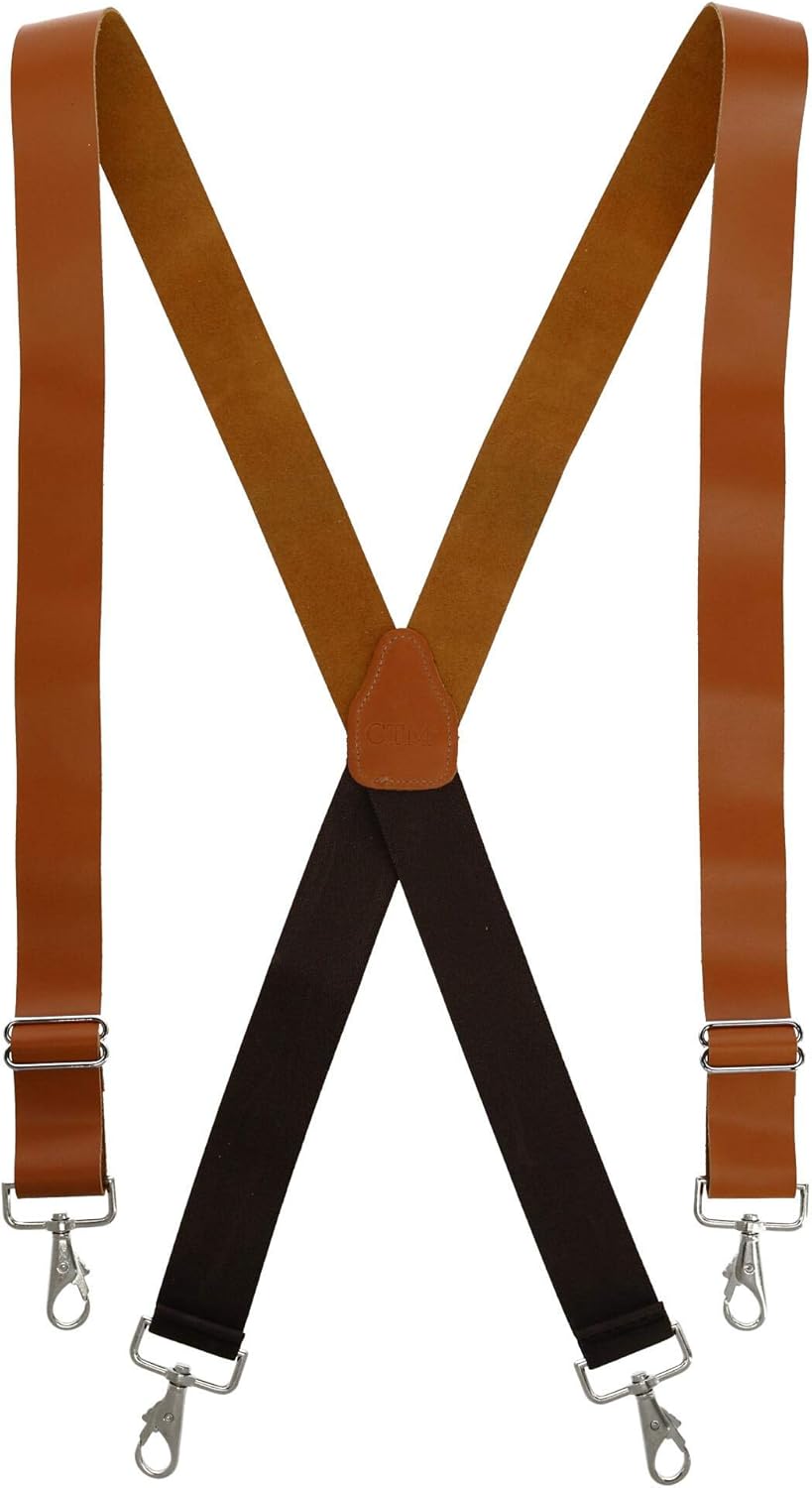 CTM Men's Smooth Coated Leather Wide Width Suspenders with Metal Swivel Hook Ends