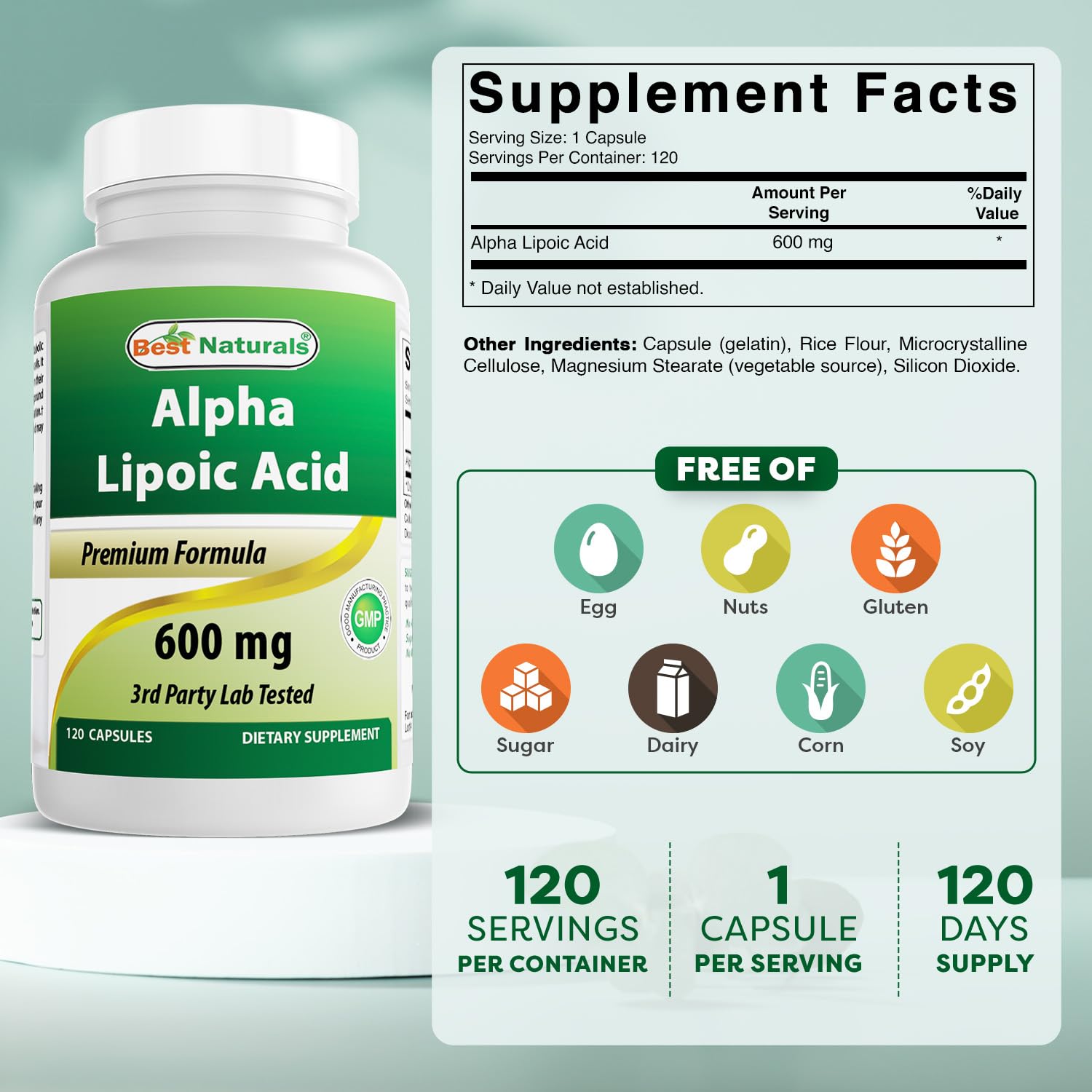 Best Naturals Alpha Lipoic Acid 600 mg 60 Capsules - ALA Powerful Antioxidant (60 Count (Pack of 1)) — Amazon image 2