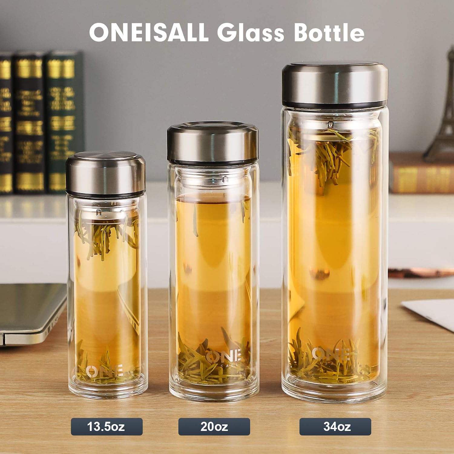 ONEISALL 34oz Large Tea Infuser Bottle Tea Tumbler with Filter - Double Wall Borosilicate Glass Water Bottle with Sleeve for Loose Leaf Tea Coffee and Fruit Water, Durable, Leakproof