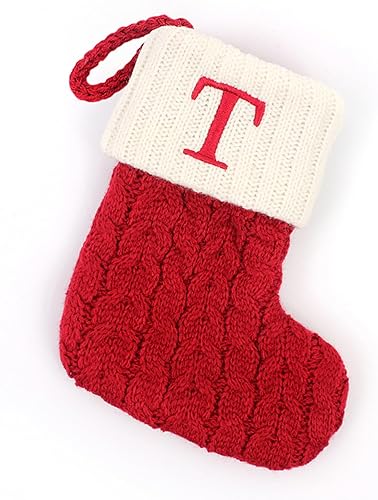 Miniatura 7 de Comeon Calcetines de Navidad, 7 pulgadas, letra inicial bordada, punto trenzado, mini lindos rojos con puños blancos para el hogar, familia