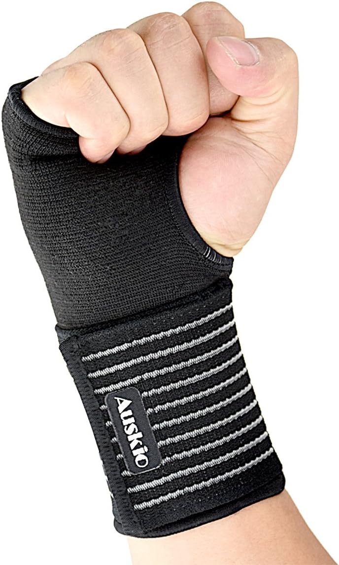 Auskio Wrist Strap Ideal for Carpal Tunnel Syndrome or Straps of the Wrist in Everyday Life, or a Protective Roller for Relieving and Stabilizing the Wrist During Sports, Adjustable, Left or Right (black)