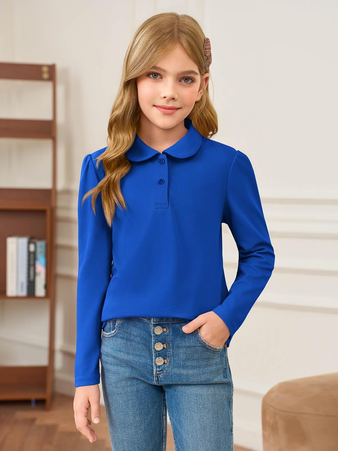 Haloumoning Girls Long Sleeve Polo Shirts Kids Peter Pan Collar School Uniform Shirts Cute Tops 5-14Y
