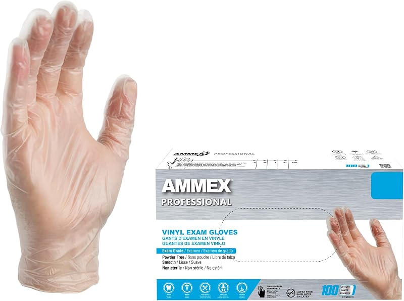 Guantes de vinilo AMMEX desechables de plástico transparente de 4 mil, grado de examen y aptos para alimentos | Guantes médicos de vinilo para cuidado infantil, cocina y preparación de alimentos, diseñados para cambios frecuentes de guantes, compra al por mayor disponible