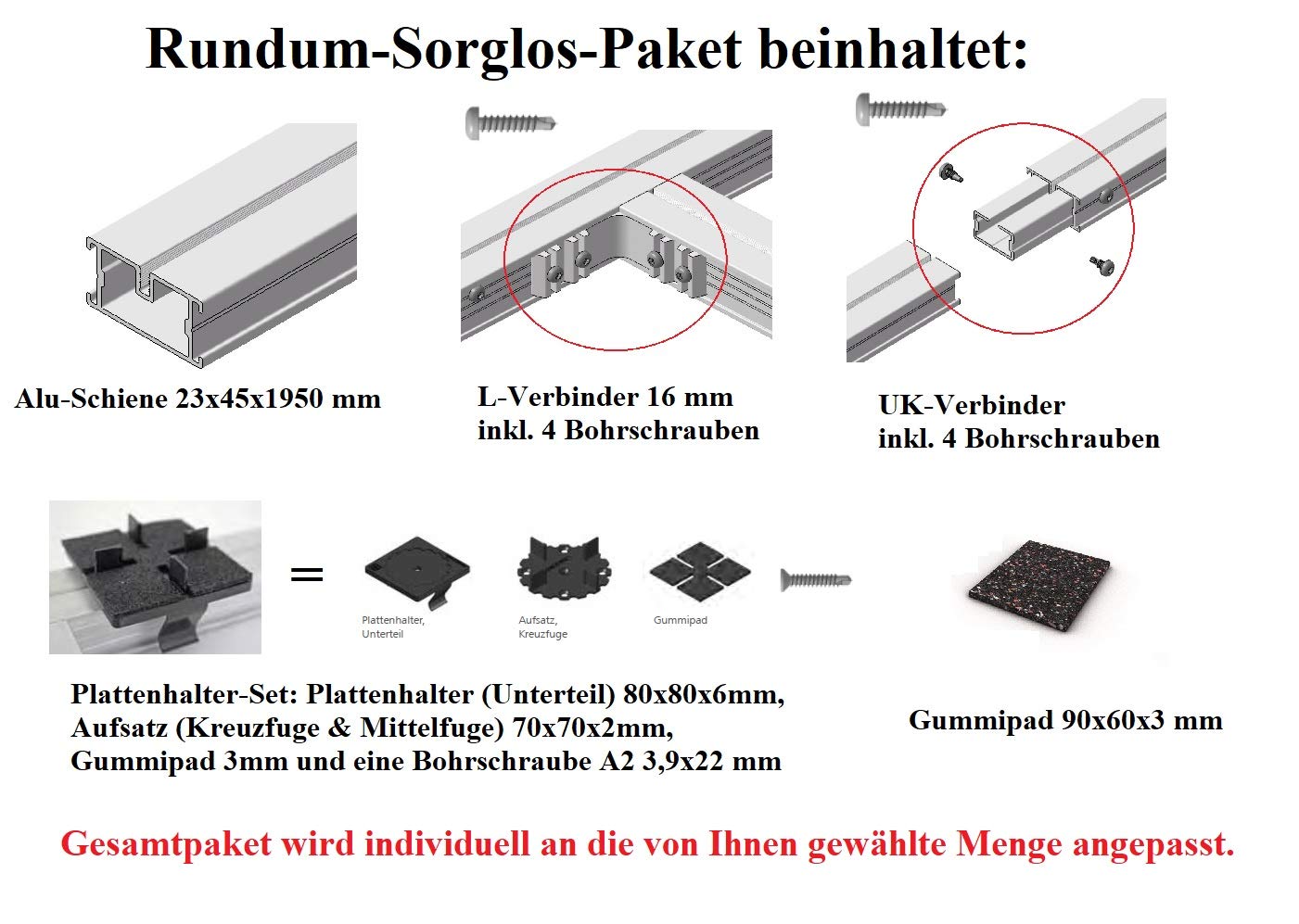 Gartenwelt Riegelsberger Premium Aluminium Montagesystem-Set für Keramik-, Stein-, Betonplatten Komplett-Set Made IN Germany Höhe: 3,5 cm Fläche 5 m² Plattenformat 60x60 cm