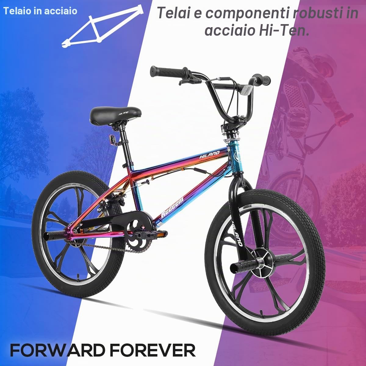 HILAND Bicicletta BMX da 20 pollici a 5 raggi，rotore da 360 gradi per Stile Libero，bicicletta BMX a 4 perni per Allenamento e acrobazie，Colore