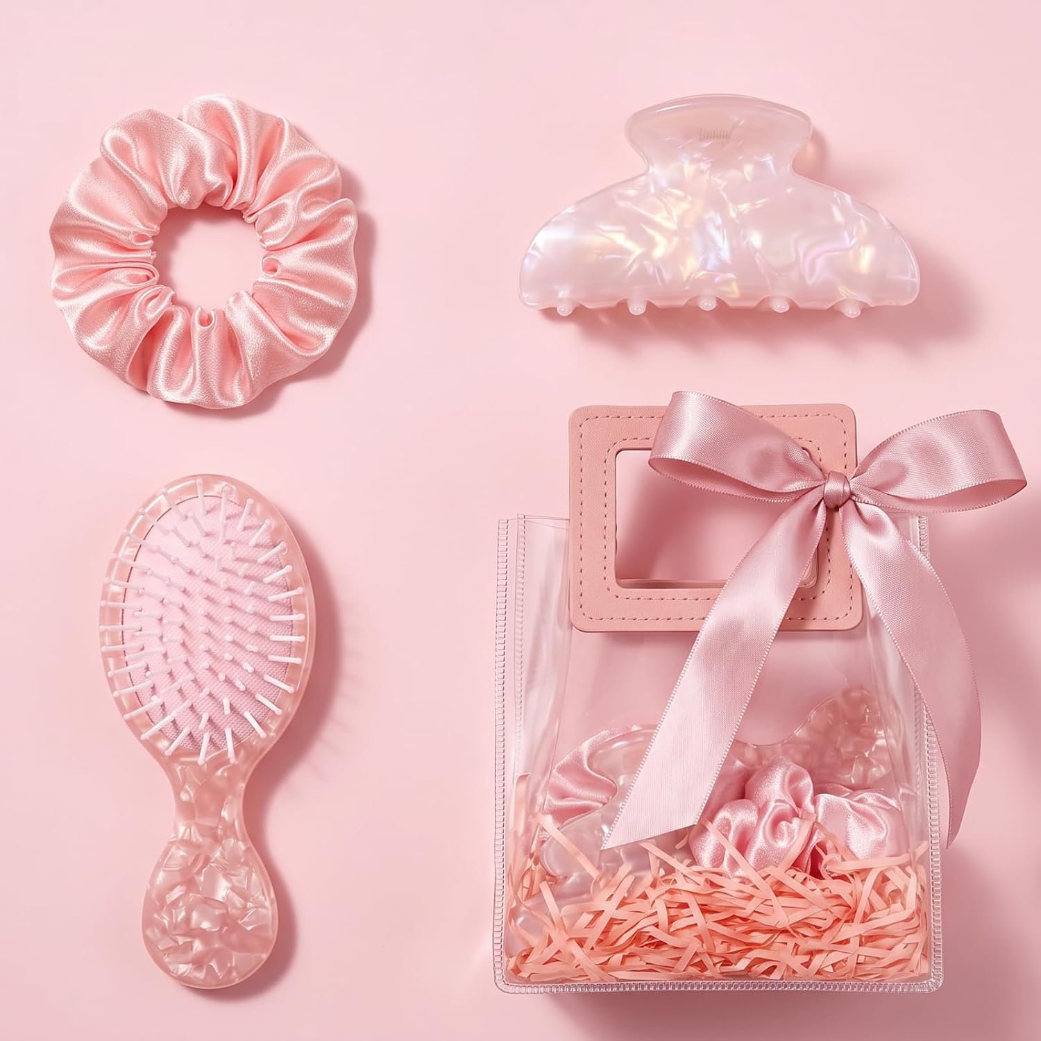 Pink 1 Set Bridesmaid Gift Set Satin Silk Scrunchies Acetate Hair Claw Clips Jewel Travel Hairbrush Bridal Party Gifts Bachelorette Party Favors Bridesmaids Gifts for Wedding Day