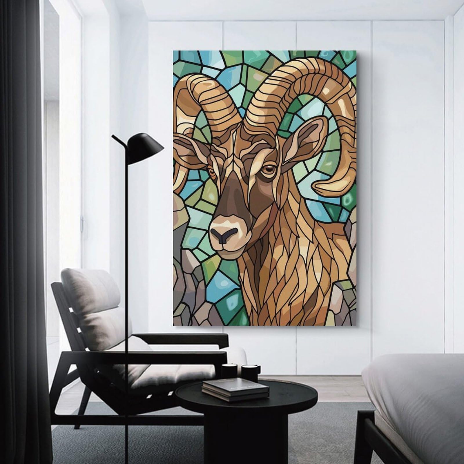 Junmoney Stained Glass Bighorn Sheep Portrait Canvas Art Print, 20x30inch(50x75cm), for Living Room, Bedroom, Office Or Hallway, Decorative Artwork with Broad Appeal