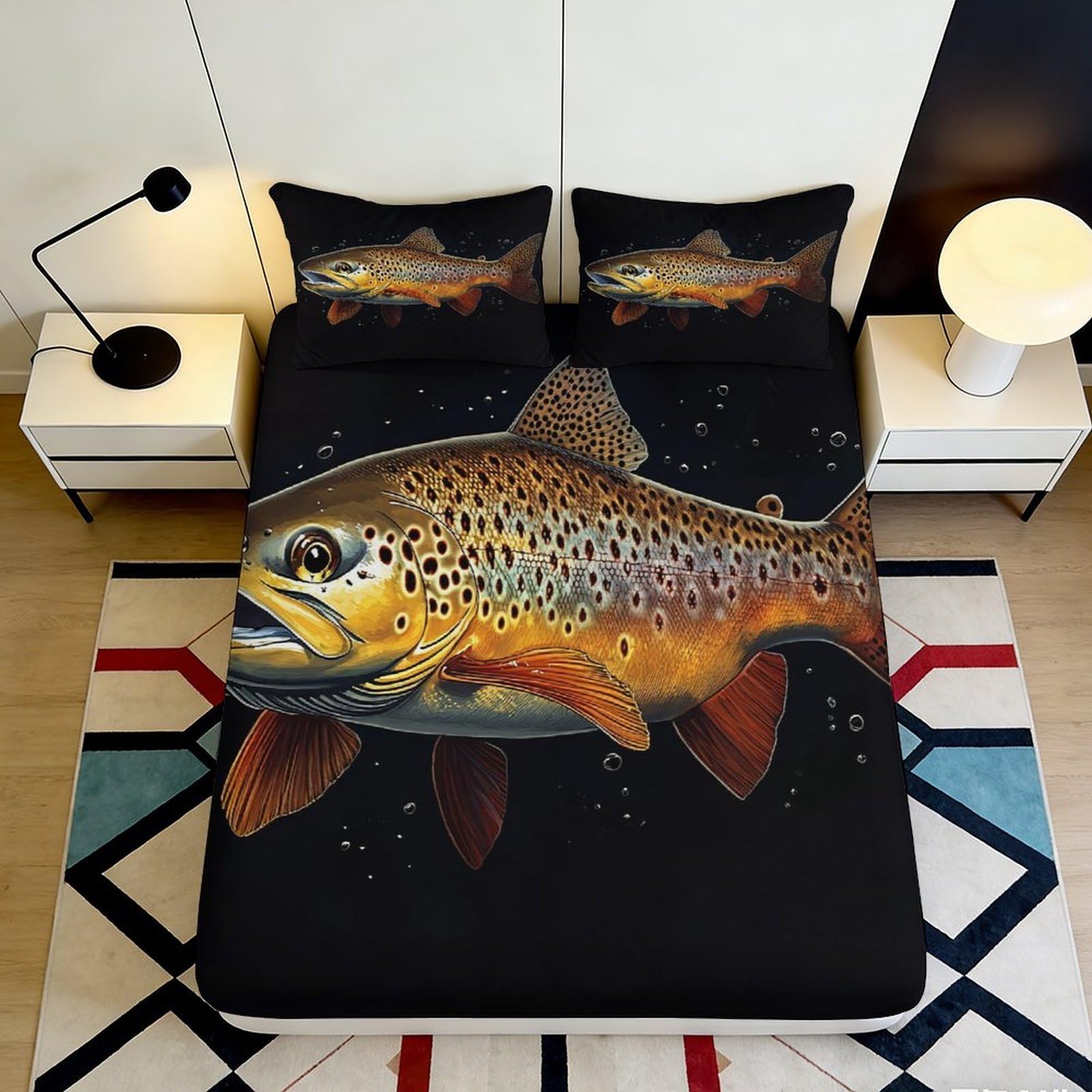 3D Printed Brown Trout Fitted Sheet Microfiber Soft Bed Cover Artistic Fish Design for Bedroom Dorm Decor 90x200x25cm