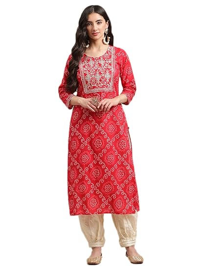 Red and White Bandhej Printed Zari Embroidered Straight Kurta.