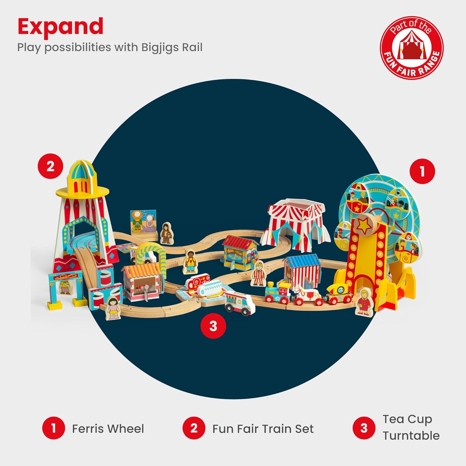 Bigjigs Rail Ferris Wheel Tunnel - 2-in-1 Spinning Fairground Ride & Tunnel for Train Sets, Kids Railway Accessories, Toddler Gifts for 3 Years Old +