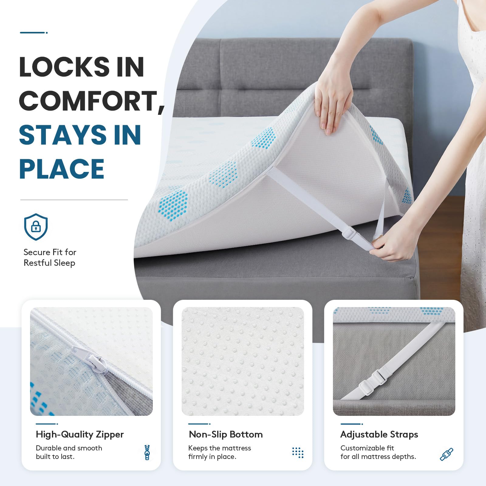 Matratzentopper 140x200 cm, 7 cm Gel-Memory-Schaum, atmungsaktiver Topper | Matratzen topper mit waschbarem Bezug, Spanngurten, Rutschfest, Mattress Topper für Boxspring, Schlafsofa, Wohnmobil, Betten