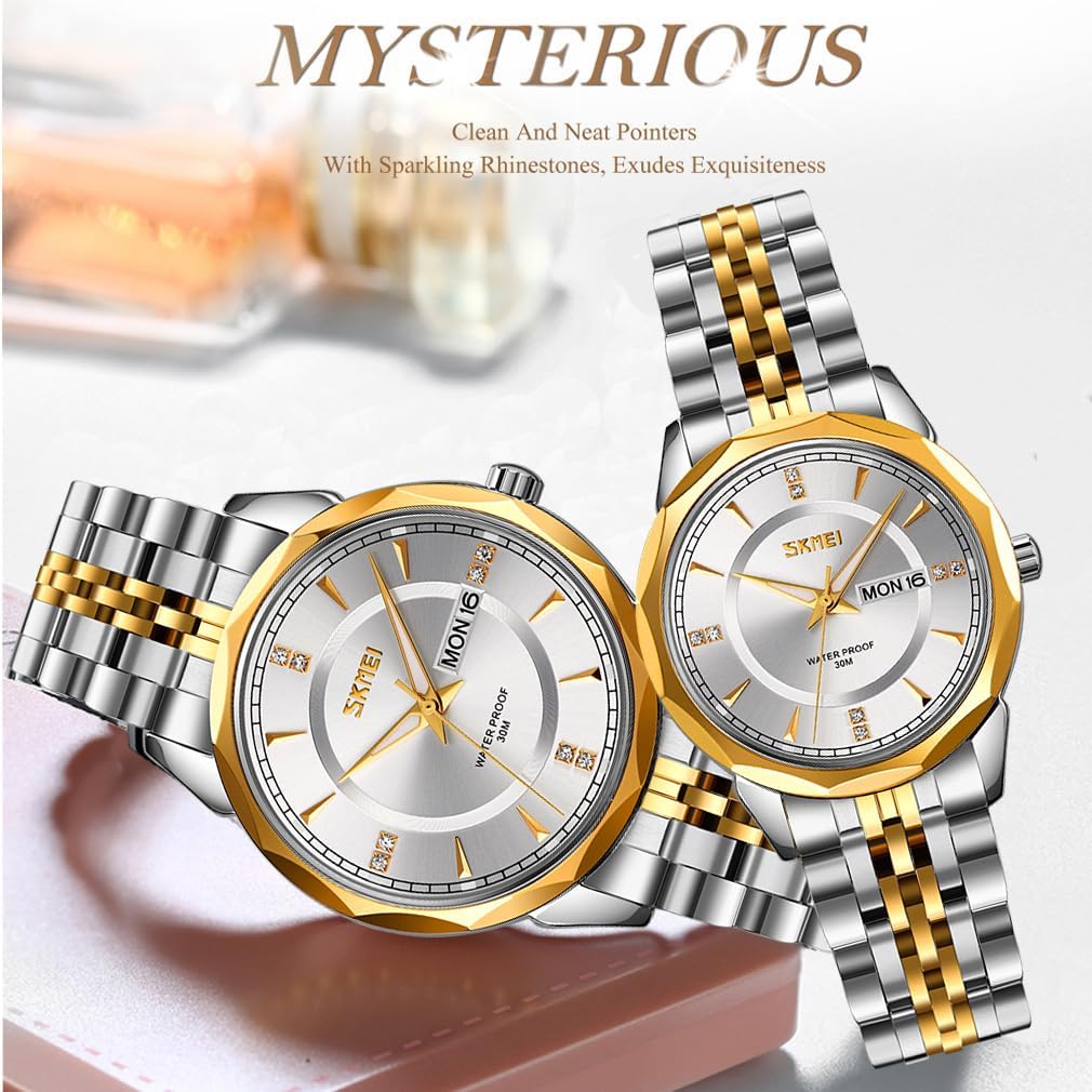 SKMEI Pair Watches for Couples Men and Women His and Hers Watch Set Husband and Wife Valentines Matching Wedding Gifts Stainless Luxry Business Gold Wrist Watch