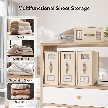 4 Pack Foldable Bed Sheets Set Organizers and Storage(Super King Size),Folding Bedding Storage Box with Window,Sheets Set Folder Keeper for Bedsheets,Blanket Organizer,Beige, (CDSNX)