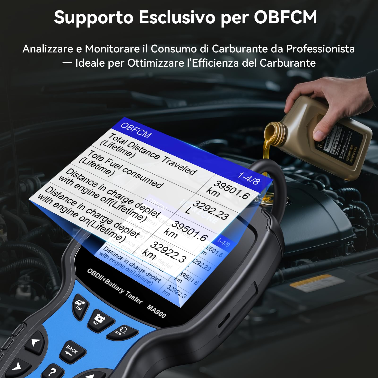 MA900 Tester Batteria Auto + Scanner OBD2 -Test di Scarica, Test di Avviamento, Test di Carica, Lettura OBFCM, Leggere/Cancellare Codici, Dati in Tempo Reale, per Auto/Motocicletta-12V/24V