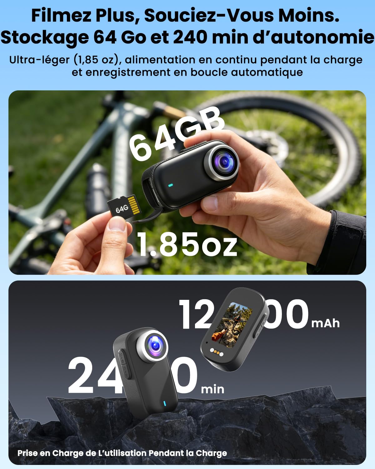 Camera Sport, 4K UHD Mini Camera Vlog WiFi avec Carte 64 Go, POV Caméra Portable étanche IP65, Action Cam – Autonomie Jusqu’à 240 Minutes (1200 mAh)