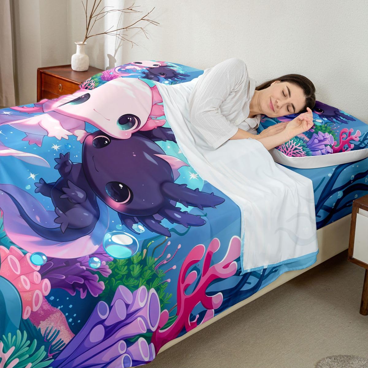 Loussiesd Lindo juego de sábanas de ajolote tamaño doble para niños y niñas, juego de ropa de cama de dibujos animados de salamandra, juego de sábanas de animales oceánicos con bolsillos profundos de