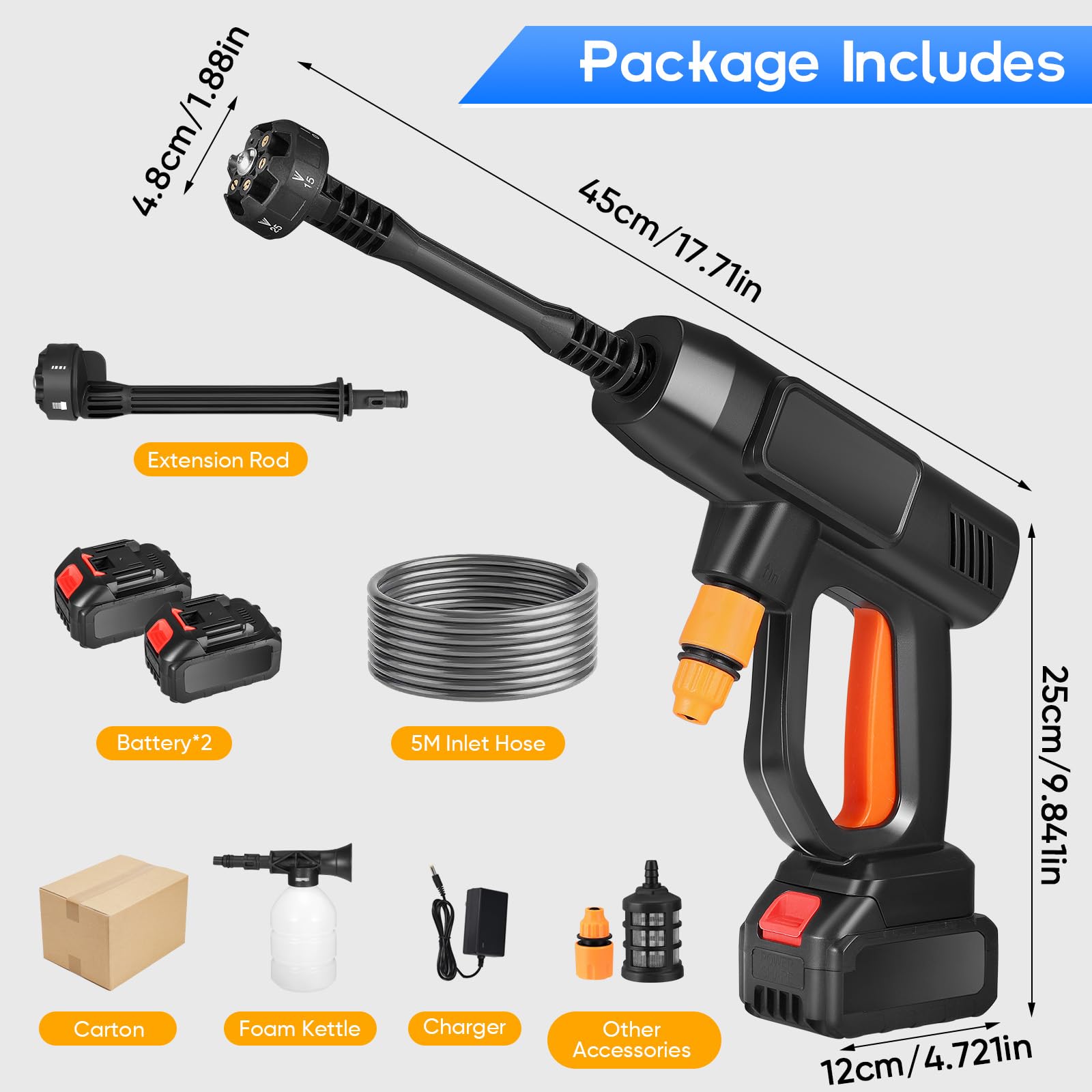 Limpiador de alta presión con batería, pistola de agua portátil y boquilla ajustable 6 en 1, manguera de 5 m, 2 limpiadores de alta presión 4000 mAh para coches, suelos