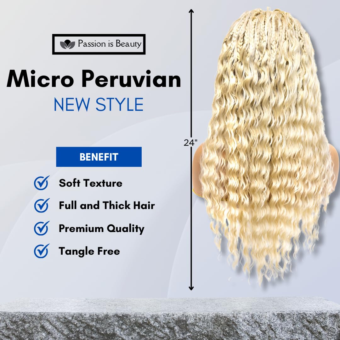 PIB Single Full Lace Braid Wig – Micro Boho Peruvian Deep Wave Box Braided Wig, Knotless Braided Wigs for Black Women, Curly Hair Wig (#613 Platinum Blonde, 24" Small-Medium)