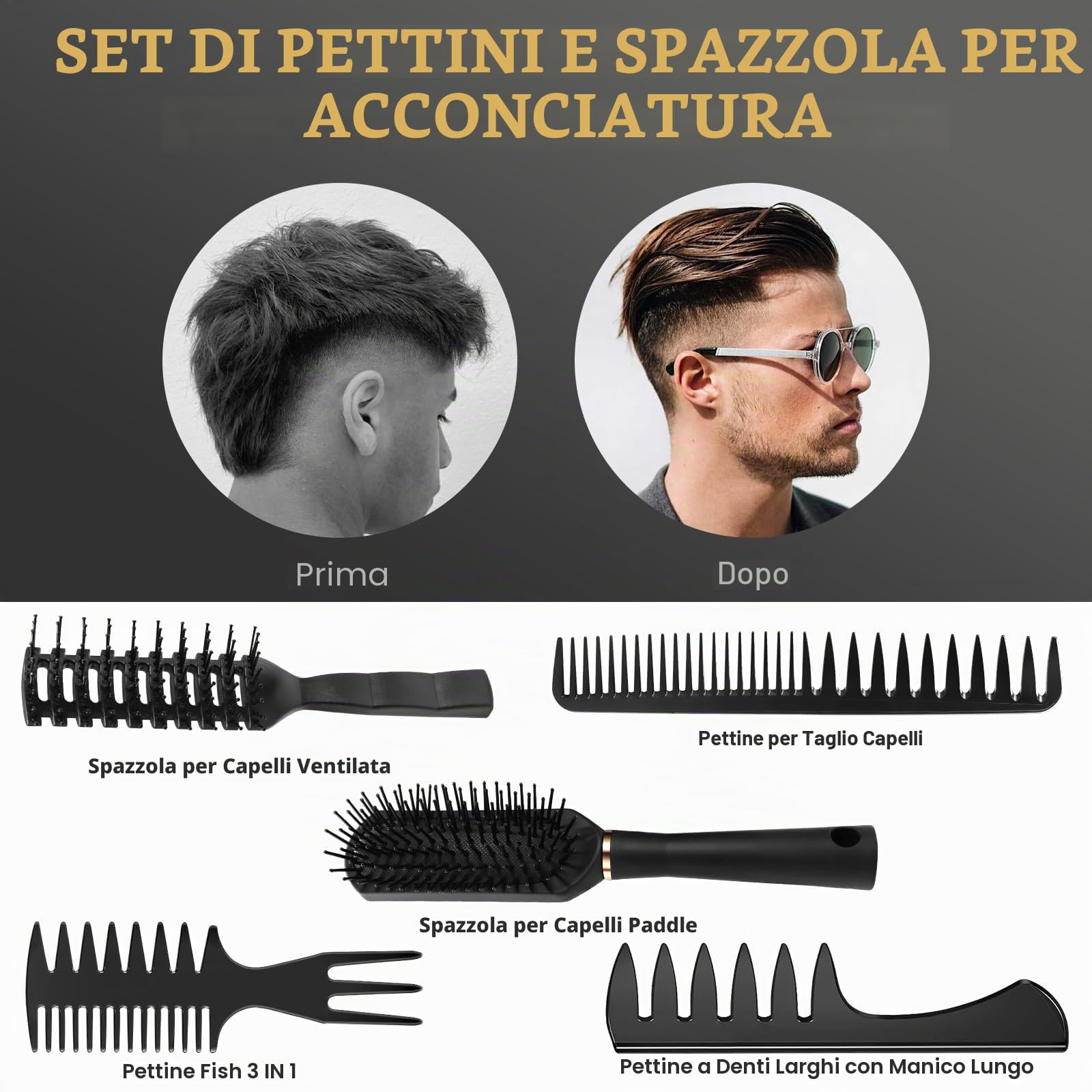DUAIU Pettine Uomo,5Pcs Pettine Capelli Uomo,Spazzola Capelli Ricci,Spazzola Piatta,Resistente AI Calore Spazzola Ricci Styling,Pettine Denti Larghi per L'asciugatura a Soffio,Taglio,Slick Back