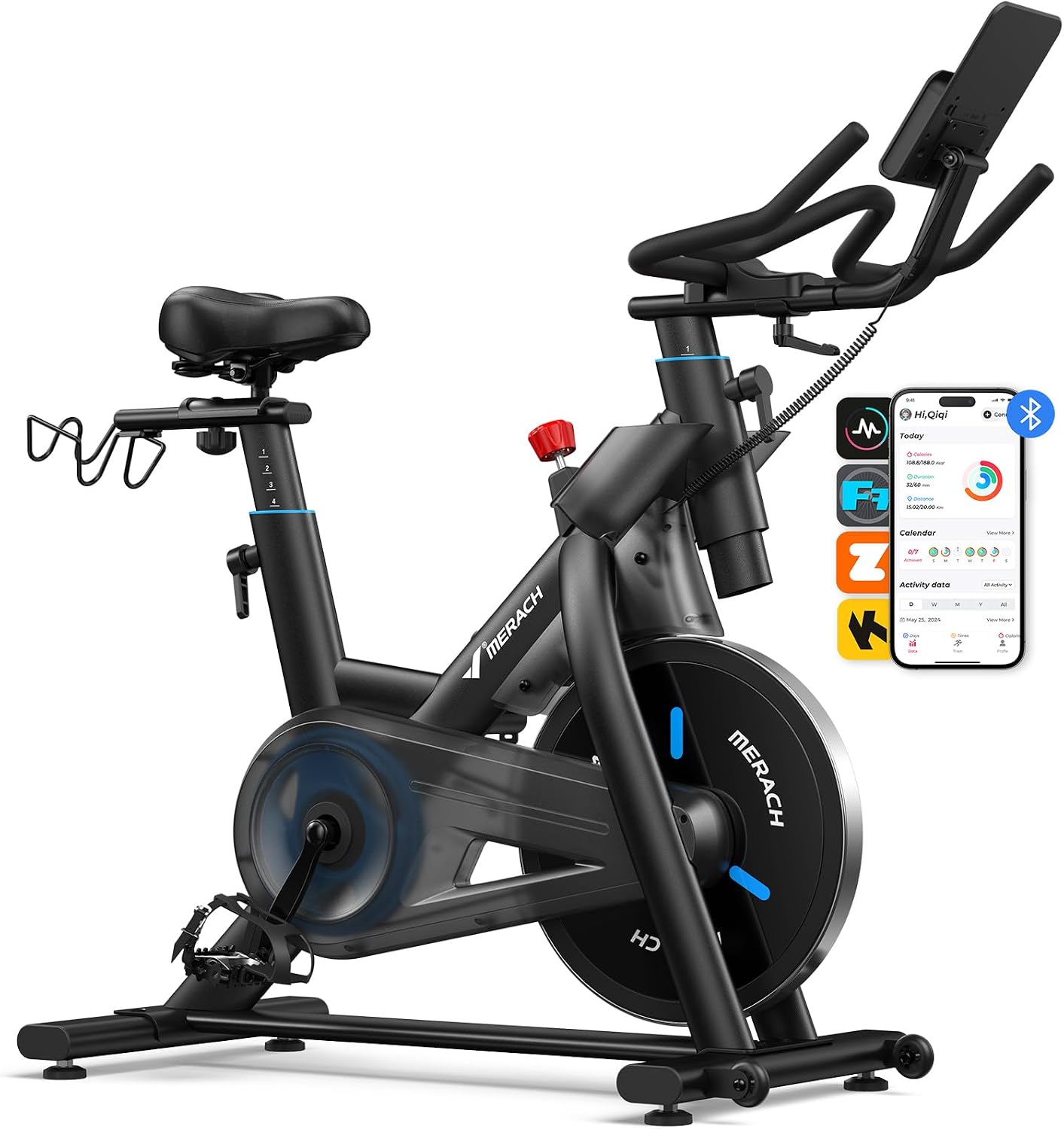 Merach Exercise Bike for Home Gym, Low Noise Stationary Bike with Brake Pad, Indoor Workout Bike with Self-Developed App, Tablet Mount and Fitness Courses for Weight Loss, 300 Lb Weight Capacity