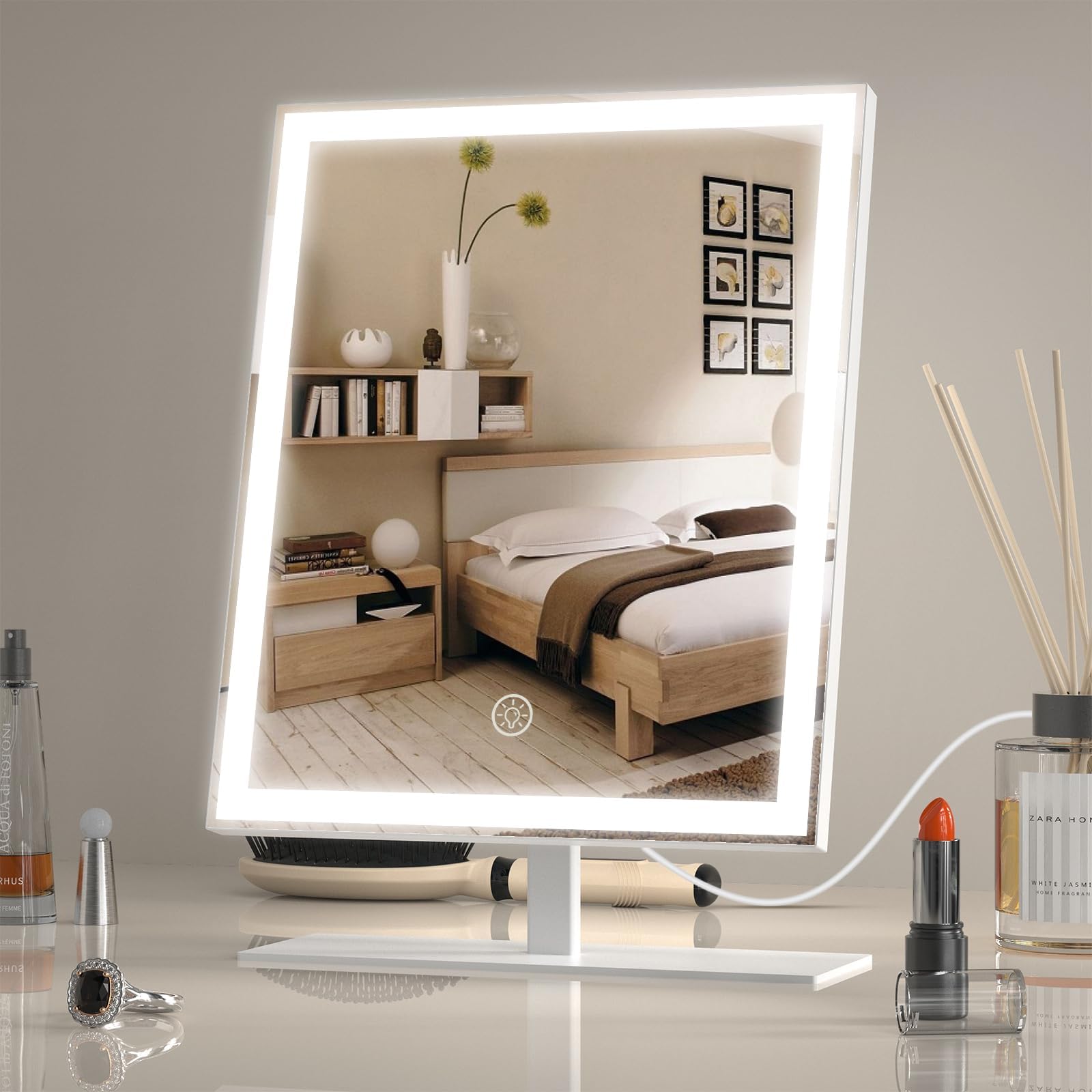 ANTENLICHT Hollywood Espejo Maquillaje con Luz, Espejo Tocador Lluminado Grande de 3 Colores, Espejo Tocador con Luz, Pantalla de Control Táctil (Blanco)