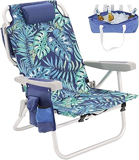 SUNNYFEEL Low Beach Chairs for Adults 5 Position Lay Flat, Portable Folding Backpack Beach Chair Heavy Duty with Cooler Bag, Cup Holder for Outdoor/Lawn/Picnic, Foldable Camping Chair