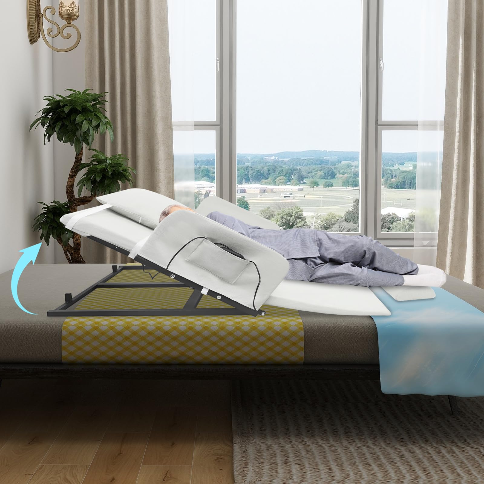 ACLICE Respaldo eléctrico ajustable 10-80° con mando a distancia, 100 kg, soporta 55 W, incluye cojín para medidores de piernas, color blanco, para ancianos, enfermería