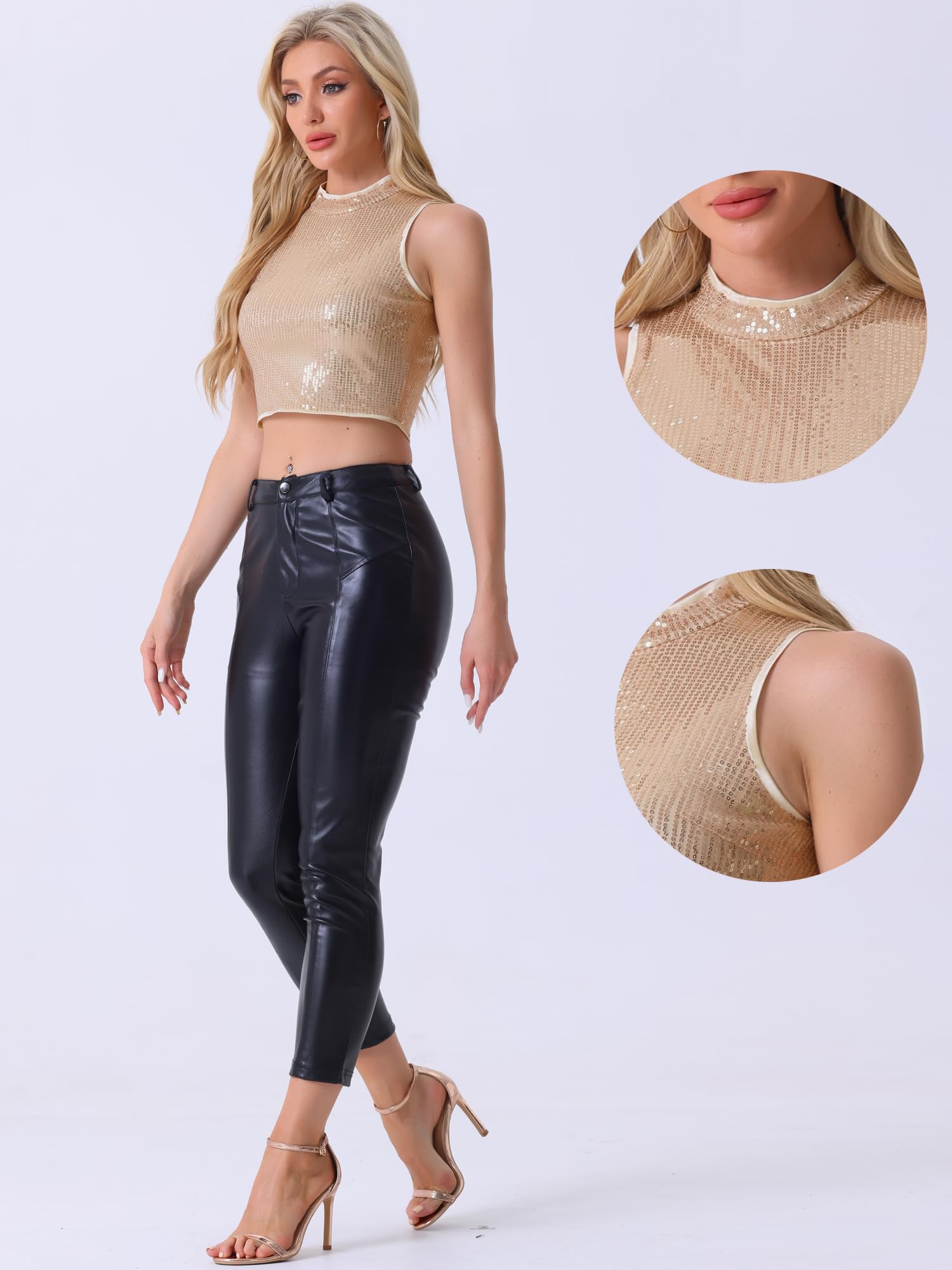 Allegra K Femme Haut Pailleté sans Manches Court Métallisé