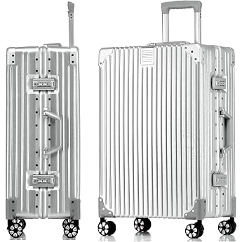 Aoliwei Aluminiumrahmen Koffer XXL 77cm   Robuster 100% PC Hartschalen-Trolley in Metall-Optik 90L Extra Gro er Reisekoffer f r Check-in TSA-Schloss 4 leise 360  Doppelrollen Silber