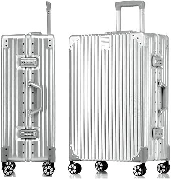 Aoliwei Aluminium Frame Suitcase XL (73 cm) - Robust 100% PC Hard Shell Trolley in Metal Look 78L Large Travel Suitcase for Check-in TSA Lock 4 Quiet 360° Double Wheels Silver