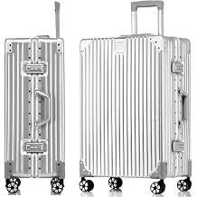 Aoliwei Aluminium Frame Suitcase L 69 cm - Robust 100% PC Hard Shell Trolley 60L Medium Travel Suitcase for Check-in Metal Look TSA Lock 4 Quiet 360  Double Wheels Silver