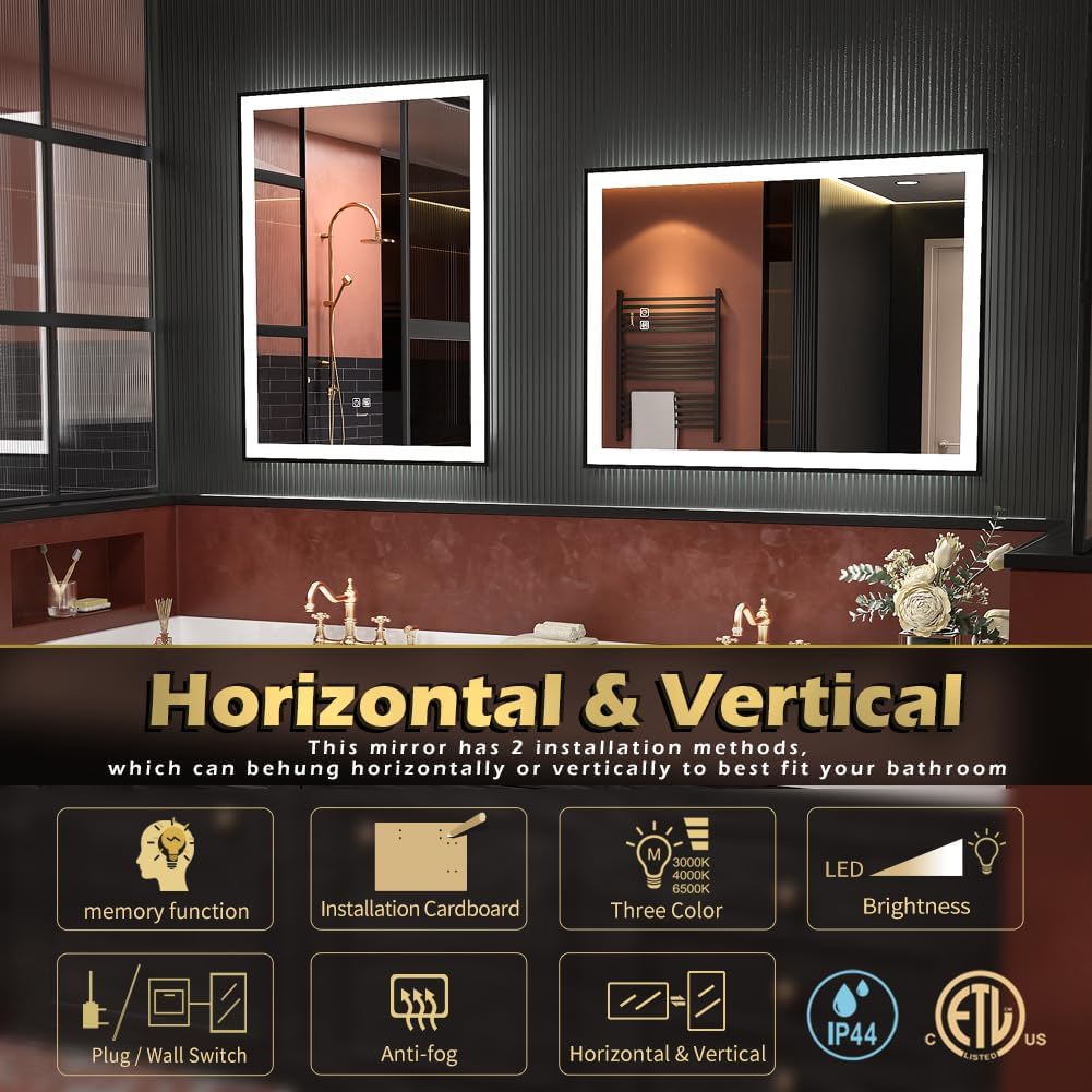 LED Bathroom Mirror, Makeup Vanity Mirror Wall Mounted, Large Aluminium Framed Illuminated Anti Fog+IP44 Waterproof+Vertical & Horizontal Mirror (40" L x 32" W)