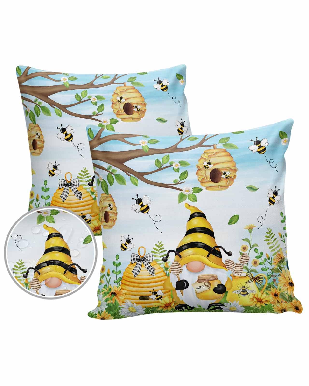 Shine-Home Blue Gnomes Outdoor Pillow Cover 24x24 Inch Cushion Sham Case, Waterproof Decorative Square Throw Pillowcase for Outside Garden Patio Porch Couch Chair Tent Yellow Bee Honey Daisy Flower