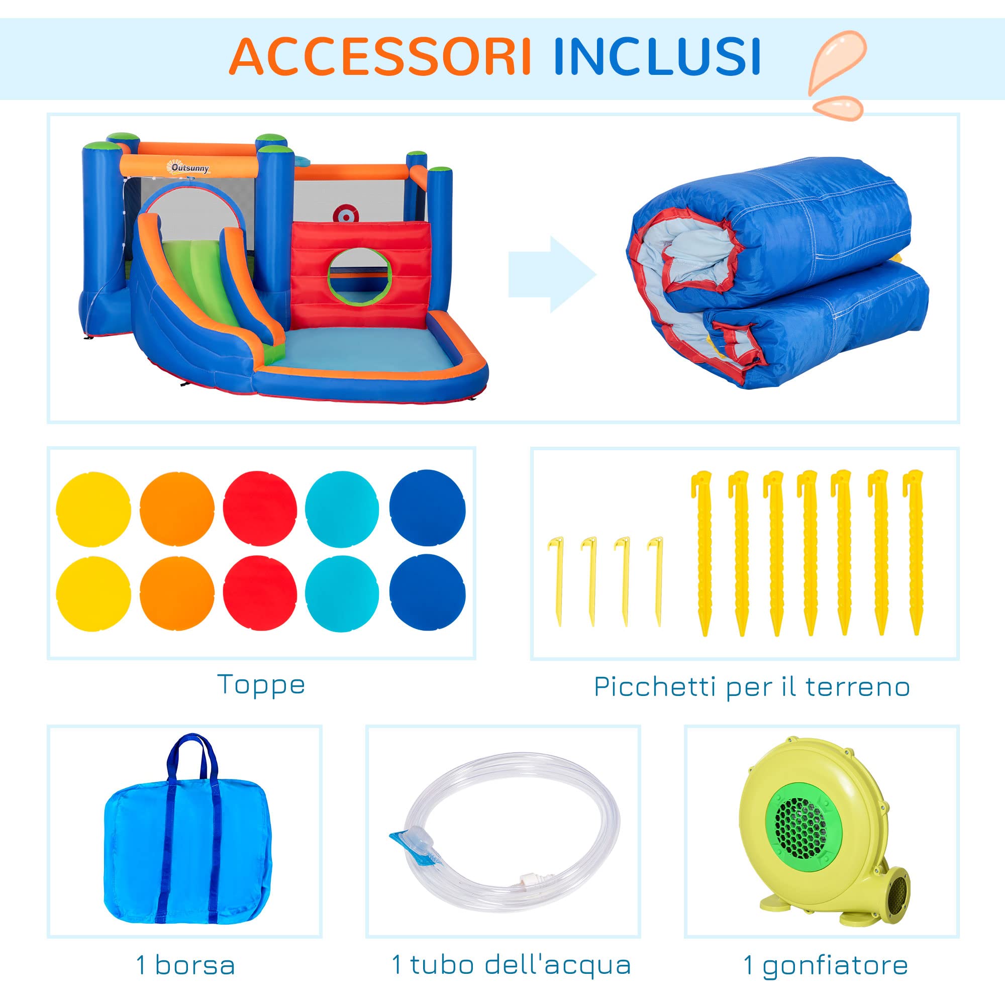 Outsunny Castello Gonfiabile per Bambini 3-8 Anni con Scivolo, 380x340x170cm