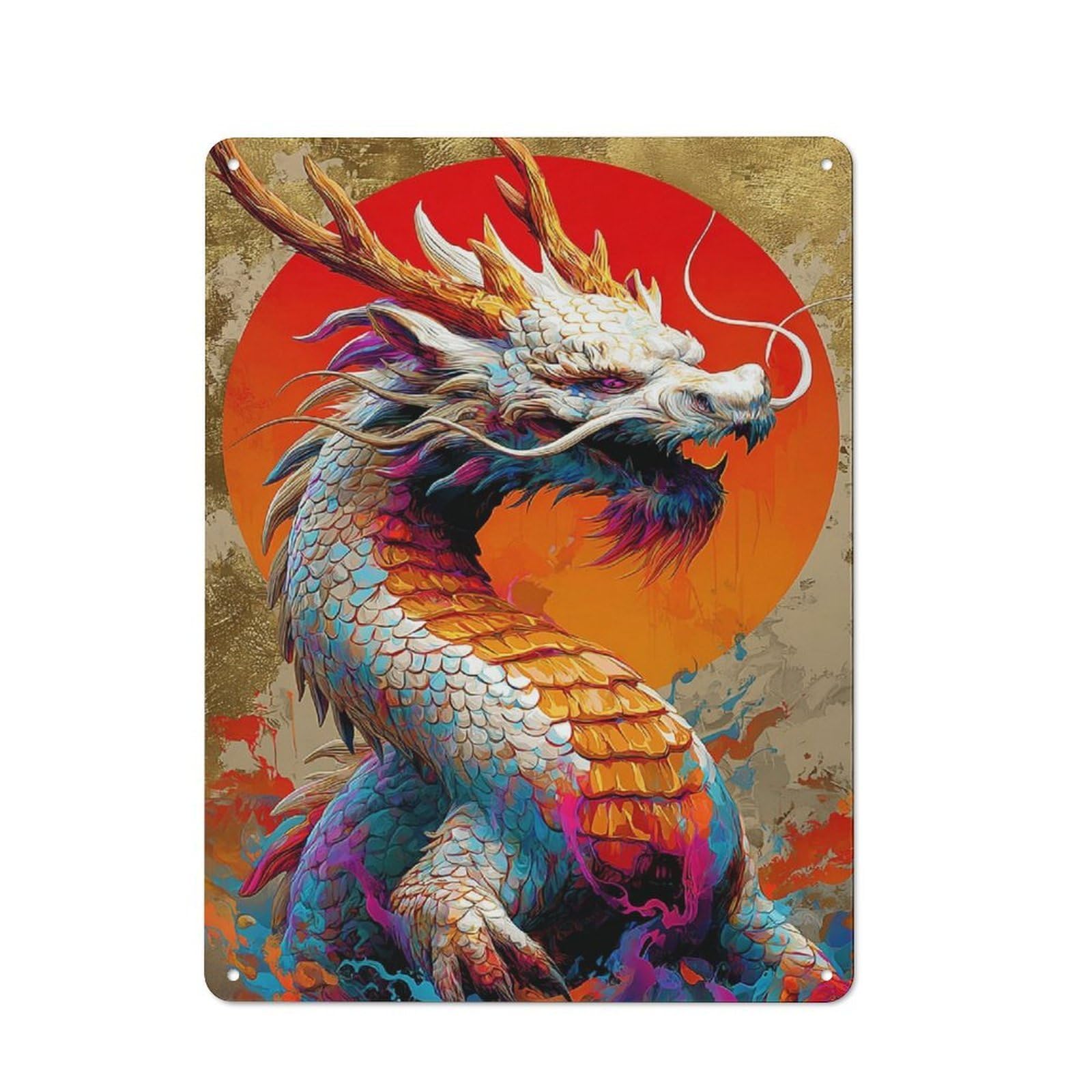 Junmoney Colorful Dragon Sunset Artwork -1 Tin Wall Plaque 40X30cm With For Café Or Restaurant, Suited To Restaurant Decor Fans